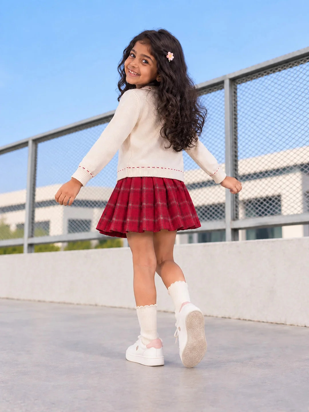 Ivory Horse Cardigan & Maroon Checked Skirt Set
