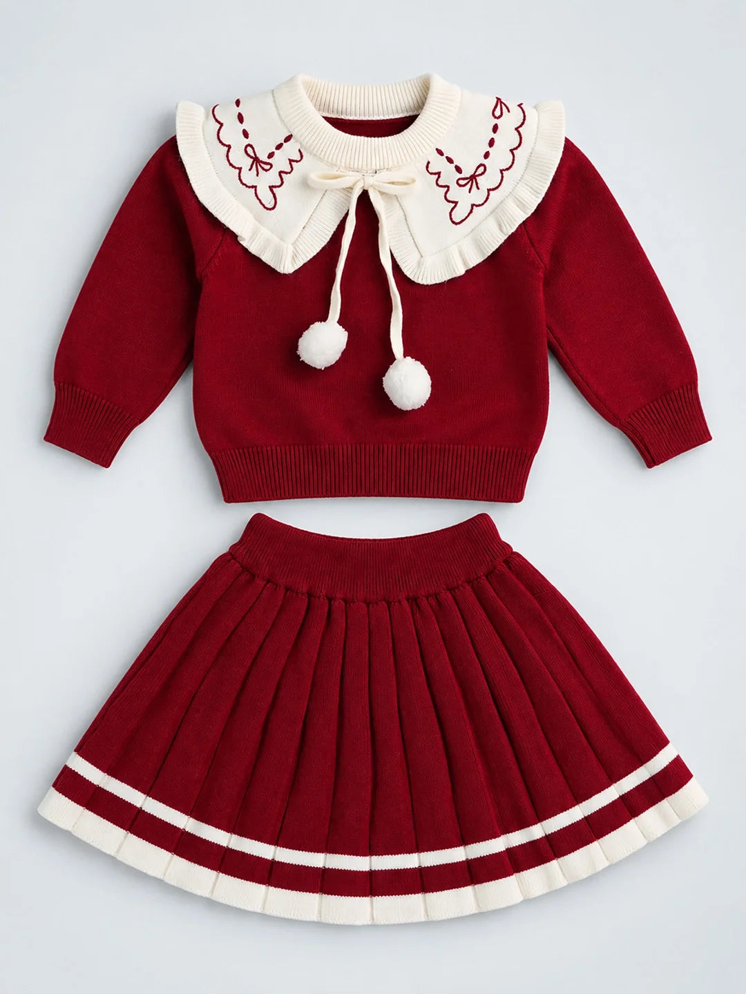 Maroon Ruffle-Collar Sweater & Pleated Skirt with Bow Pom-Pom Clip Set