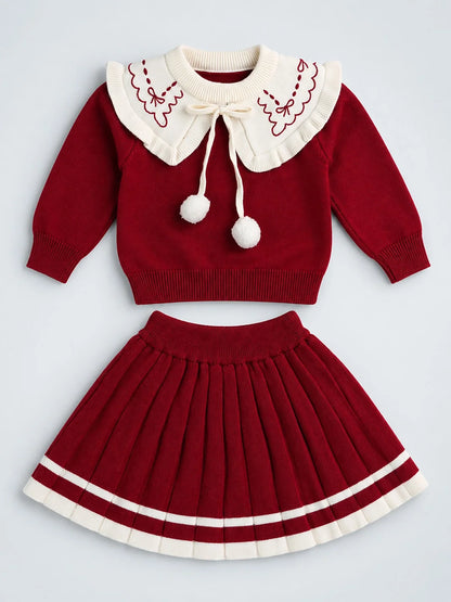 Maroon Ruffle-Collar Sweater & Pleated Skirt with Bow Pom-Pom Clip Set
