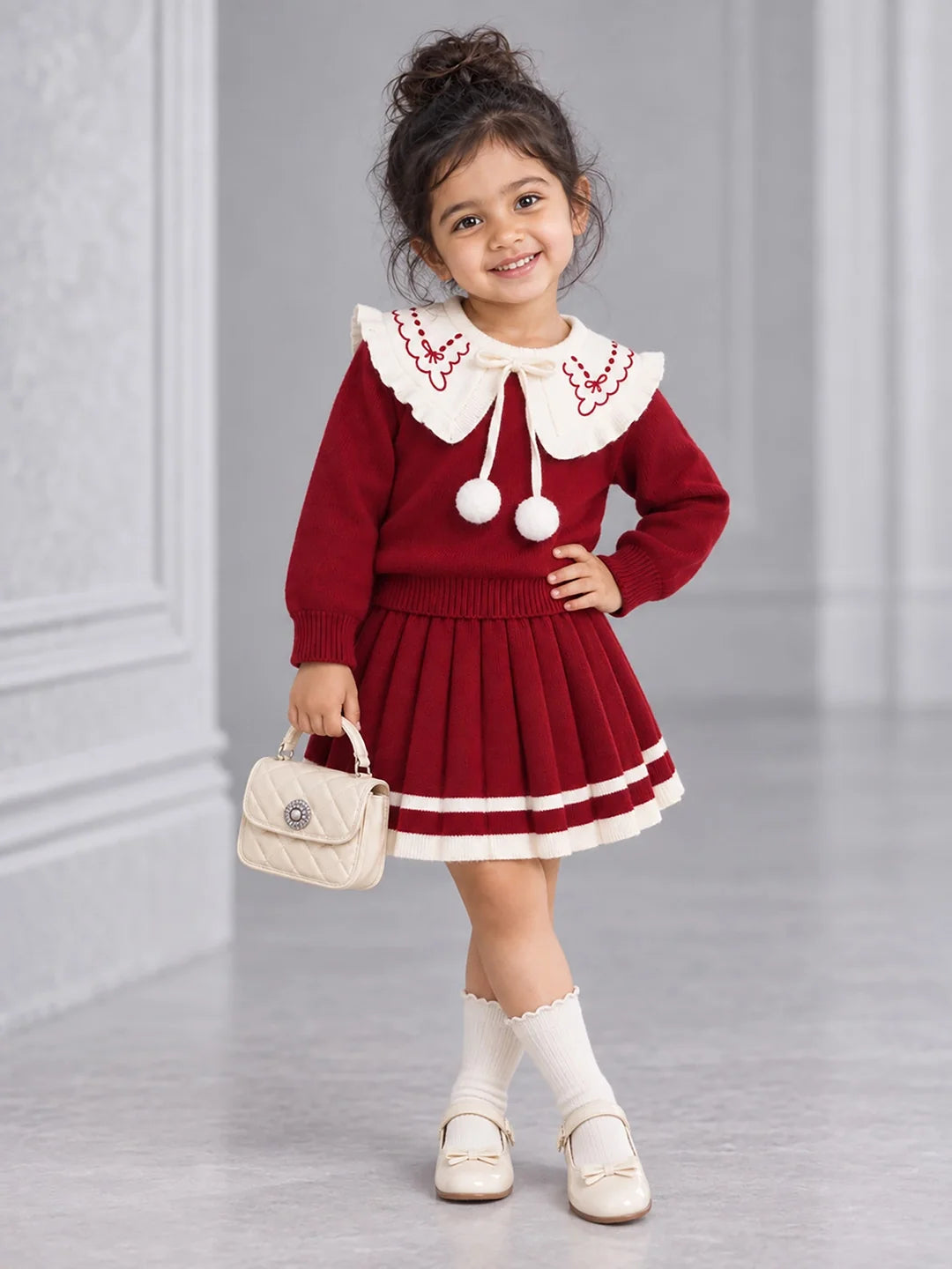 Maroon Ruffle-Collar Sweater & Pleated Skirt with Bow Pom-Pom Clip Set
