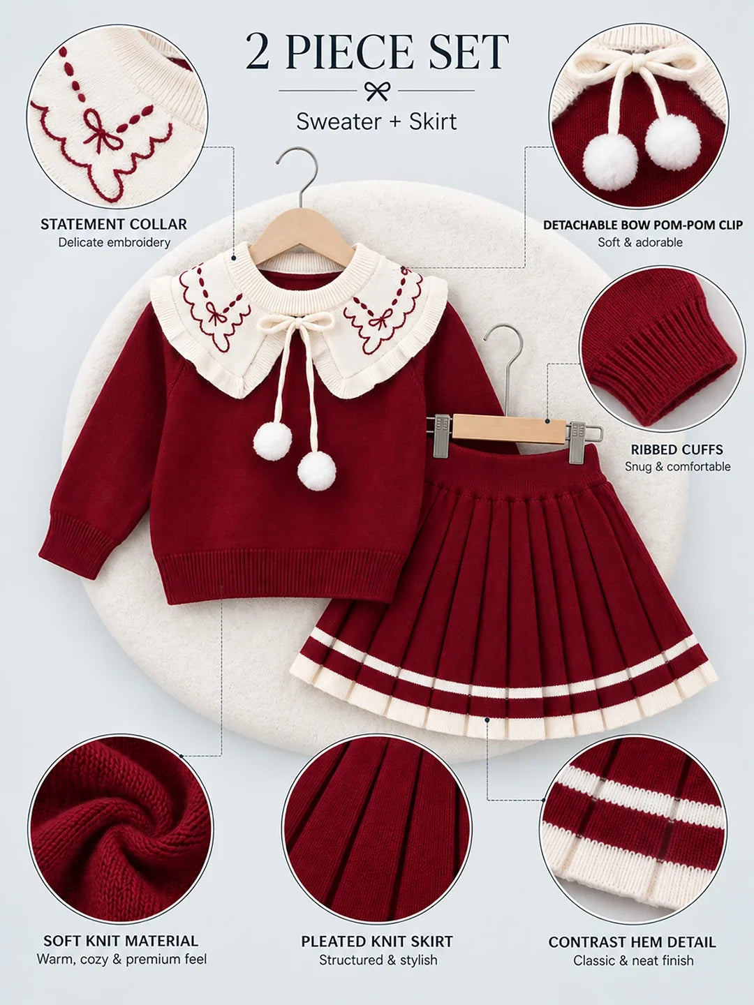 Maroon Ruffle-Collar Sweater & Pleated Skirt with Bow Pom-Pom Clip Set