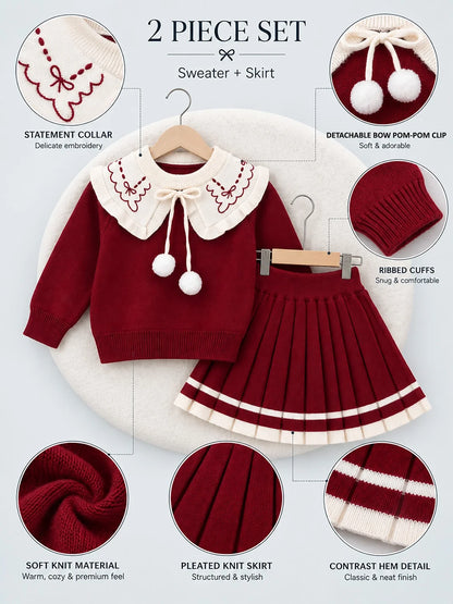 Maroon Ruffle-Collar Sweater & Pleated Skirt with Bow Pom-Pom Clip Set