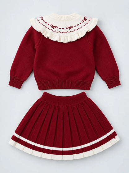 Maroon Ruffle-Collar Sweater & Pleated Skirt with Bow Pom-Pom Clip Set