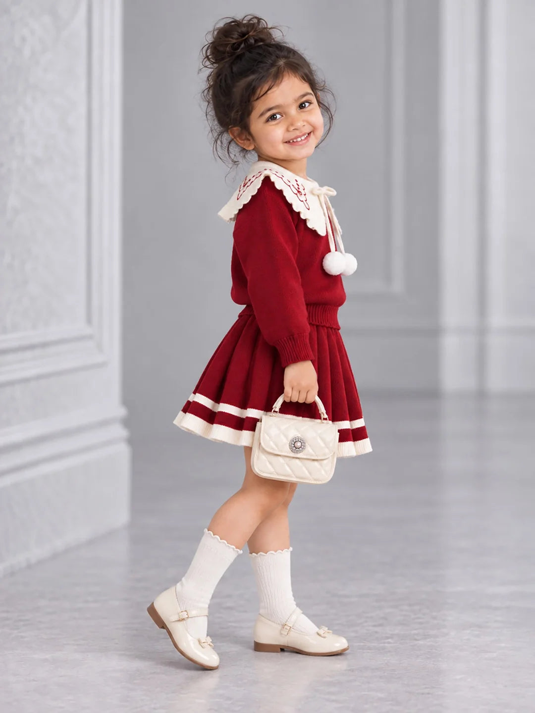 Maroon Ruffle-Collar Sweater & Pleated Skirt with Bow Pom-Pom Clip Set