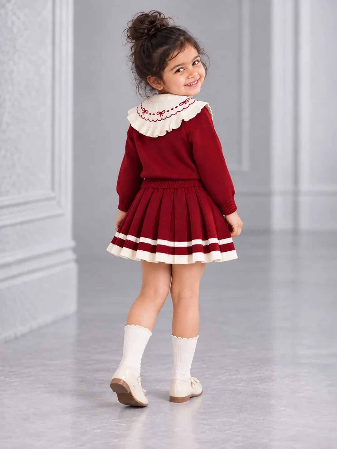 Maroon Ruffle-Collar Sweater & Pleated Skirt with Bow Pom-Pom Clip Set