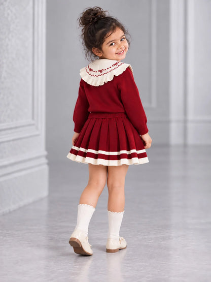 Maroon Ruffle-Collar Sweater & Pleated Skirt with Bow Pom-Pom Clip Set