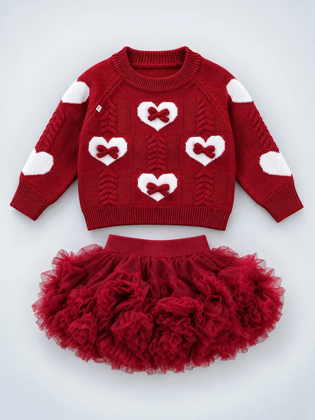 Maroon Heart & Bow Sweater with Fluffy Ruffle Skirt Set