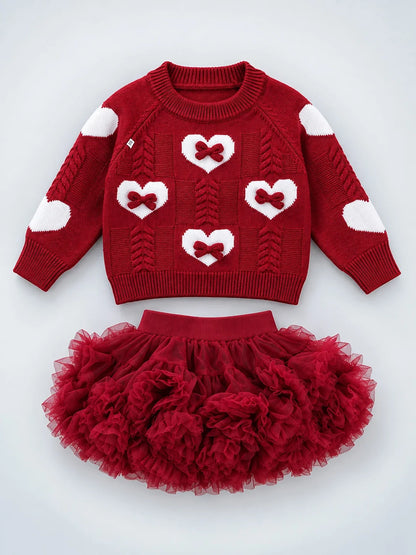 Maroon Heart & Bow Sweater with Fluffy Ruffle Skirt Set
