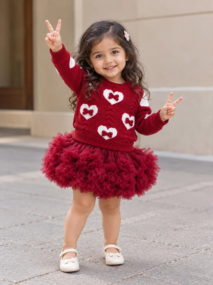Maroon Heart & Bow Sweater with Fluffy Ruffle Skirt Set