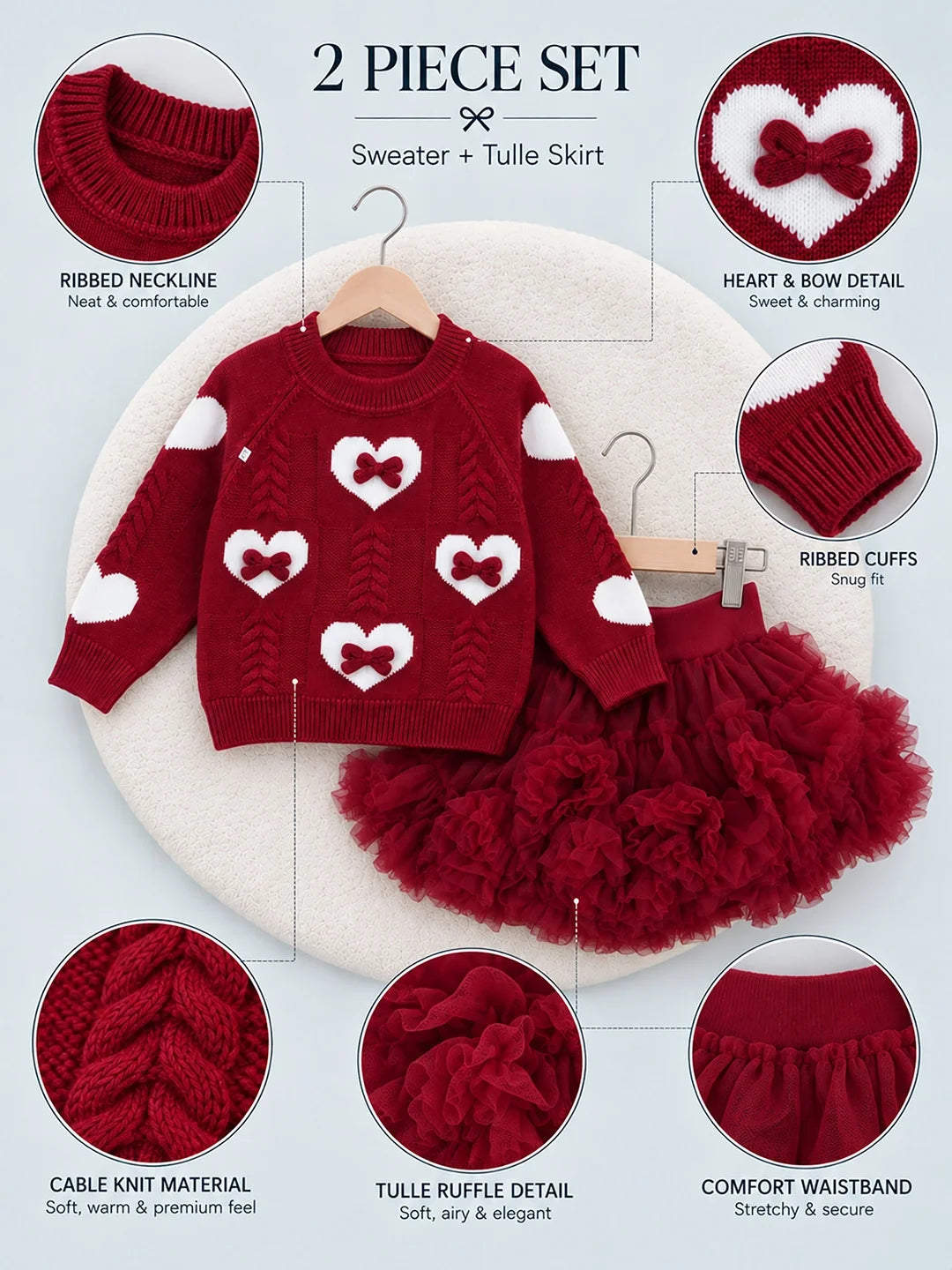 Maroon Heart & Bow Sweater with Fluffy Ruffle Skirt Set
