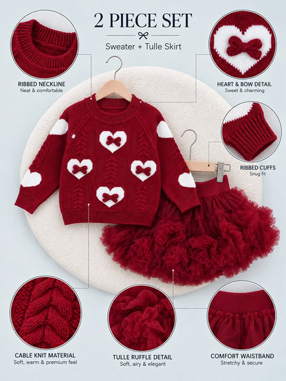 Maroon Heart & Bow Sweater with Fluffy Ruffle Skirt Set