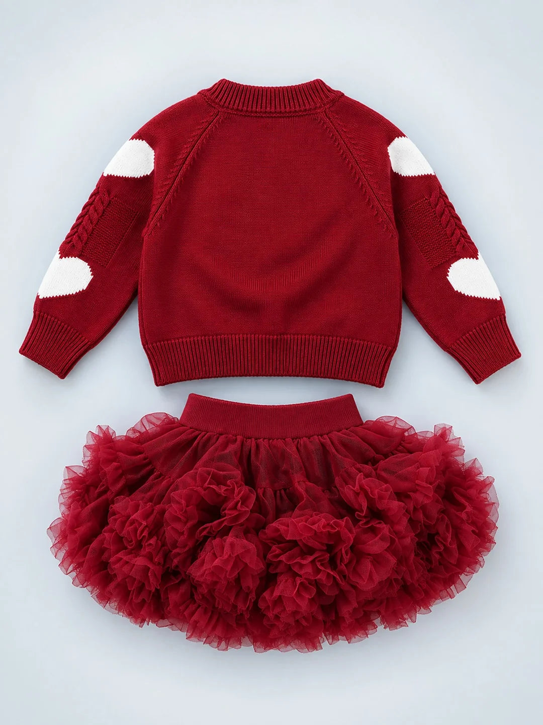 Maroon Heart & Bow Sweater with Fluffy Ruffle Skirt Set