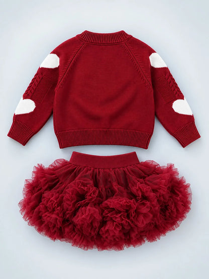 Maroon Heart & Bow Sweater with Fluffy Ruffle Skirt Set