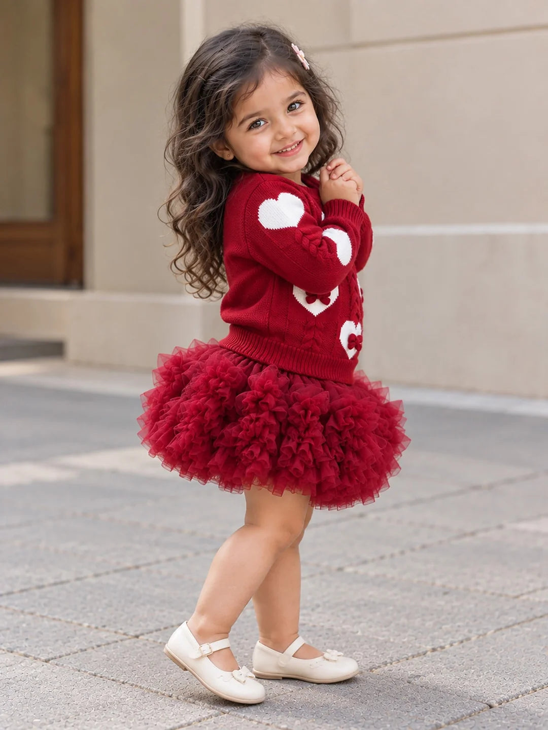 Maroon Heart & Bow Sweater with Fluffy Ruffle Skirt Set