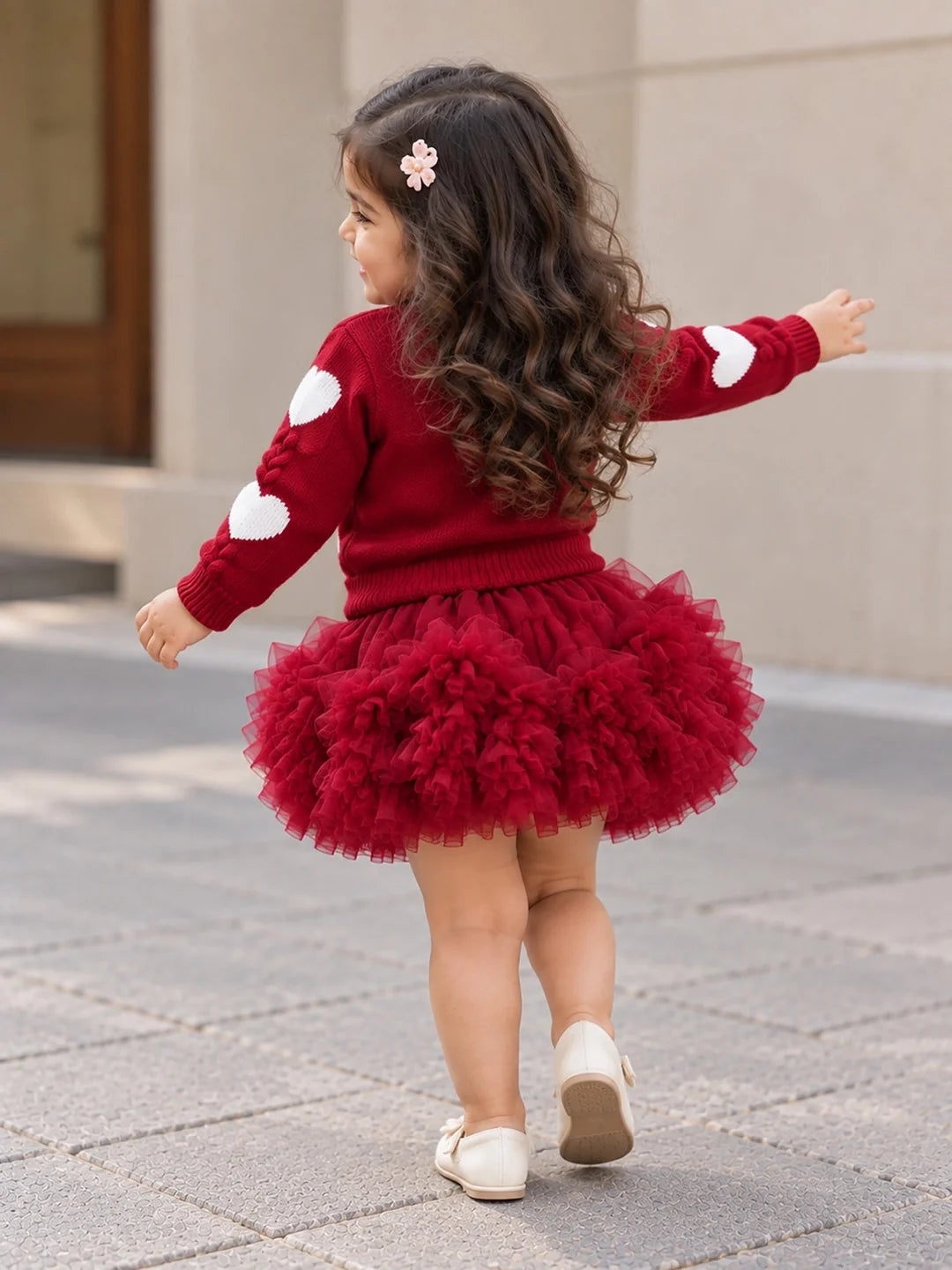 Maroon Heart & Bow Sweater with Fluffy Ruffle Skirt Set