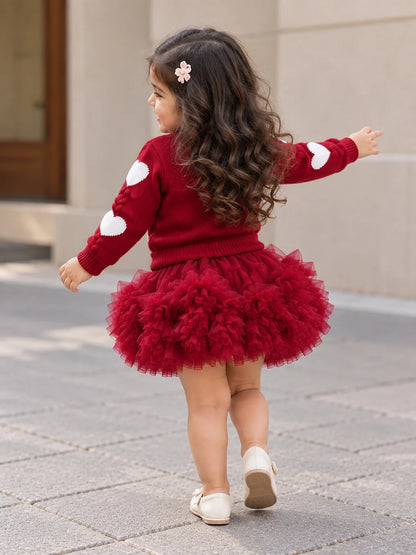 Maroon Heart & Bow Sweater with Fluffy Ruffle Skirt Set