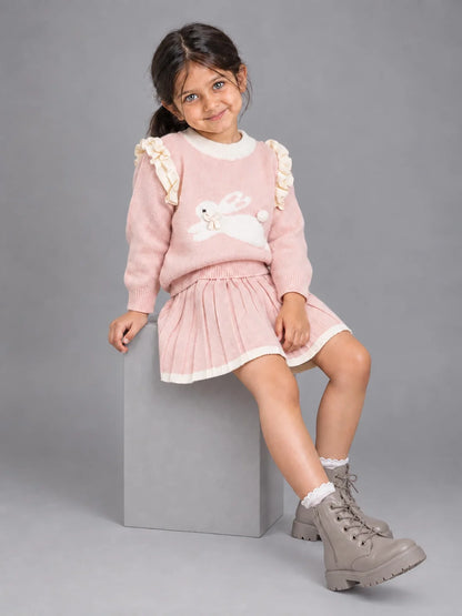 Peach Bunny Sweater & Pleated Skirt Set