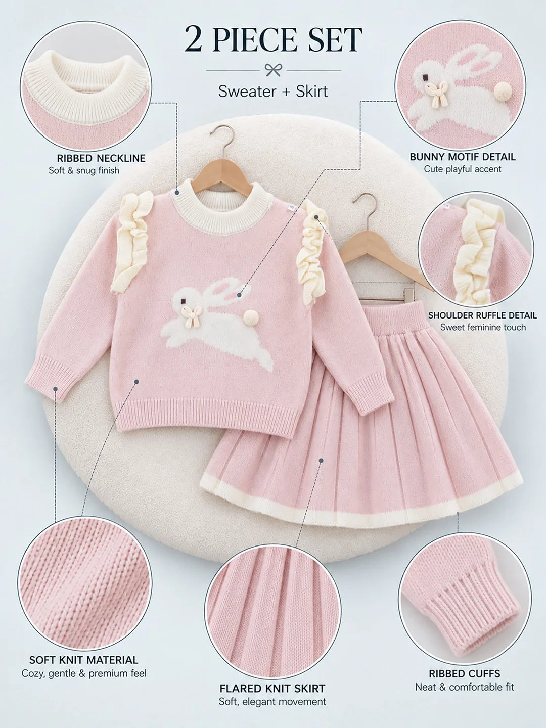 Peach Bunny Sweater & Pleated Skirt Set