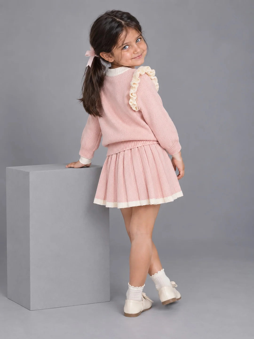 Peach Bunny Sweater & Pleated Skirt Set
