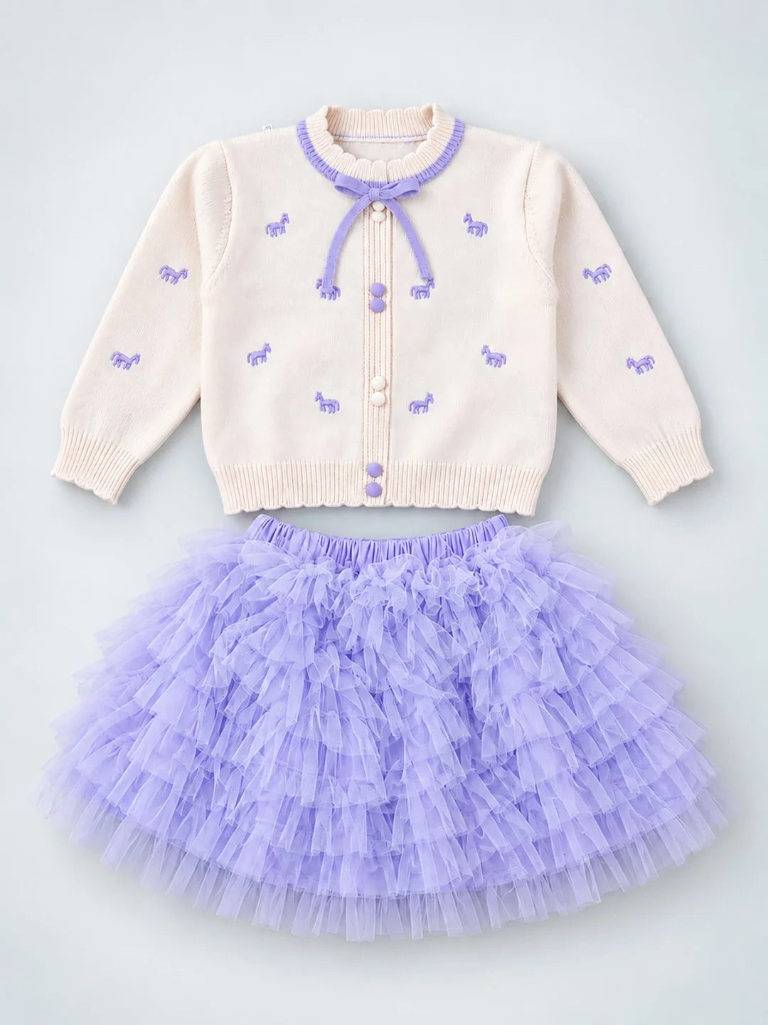 Ivory Horse Sweater & Purple Ruffle Skirt with Detachable Bow Clip Set