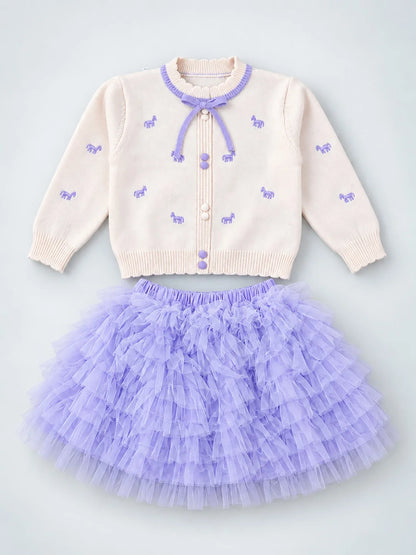 Ivory Horse Sweater & Purple Ruffle Skirt with Detachable Bow Clip Set