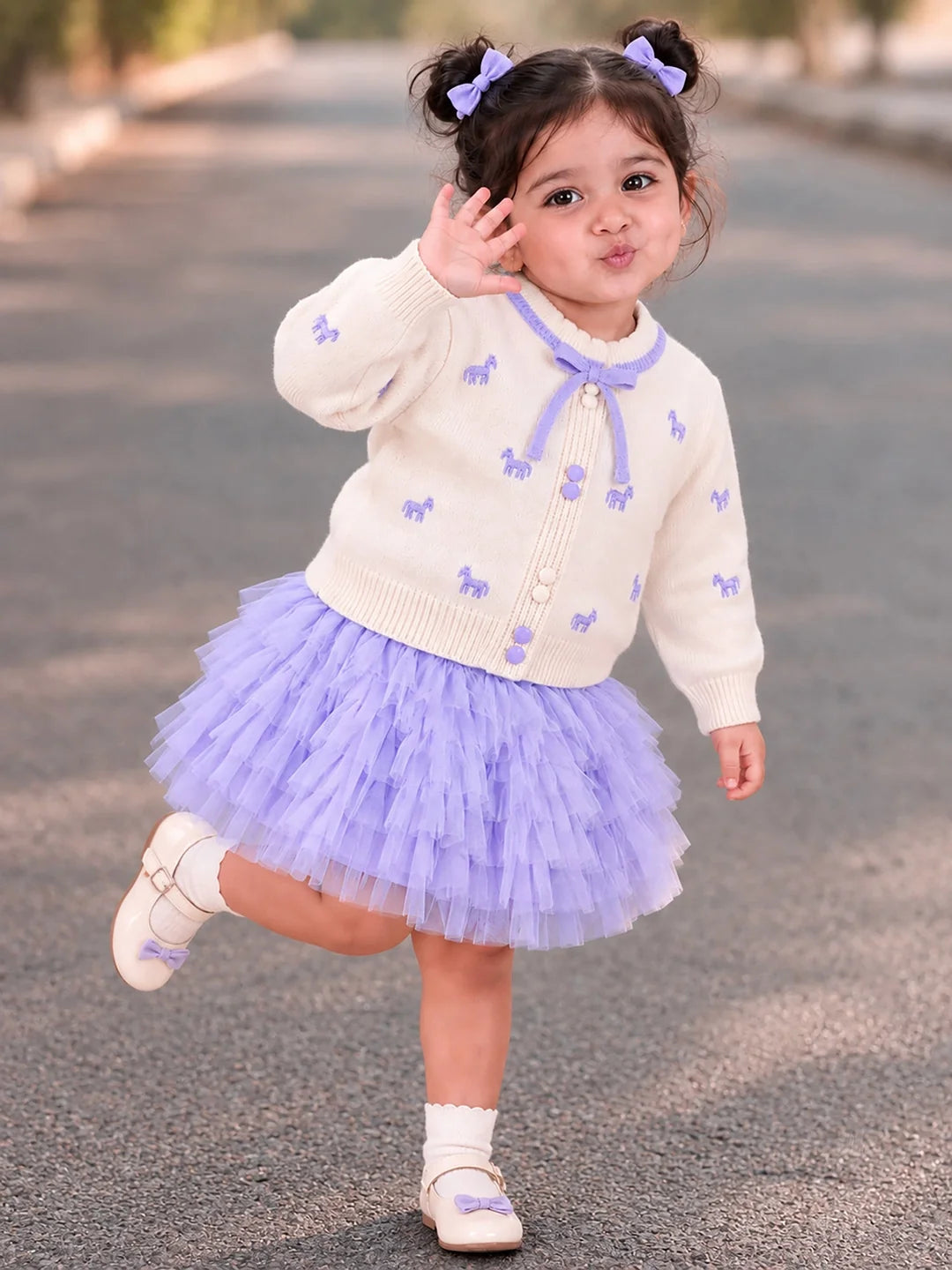 Ivory Horse Sweater & Purple Ruffle Skirt with Detachable Bow Clip Set