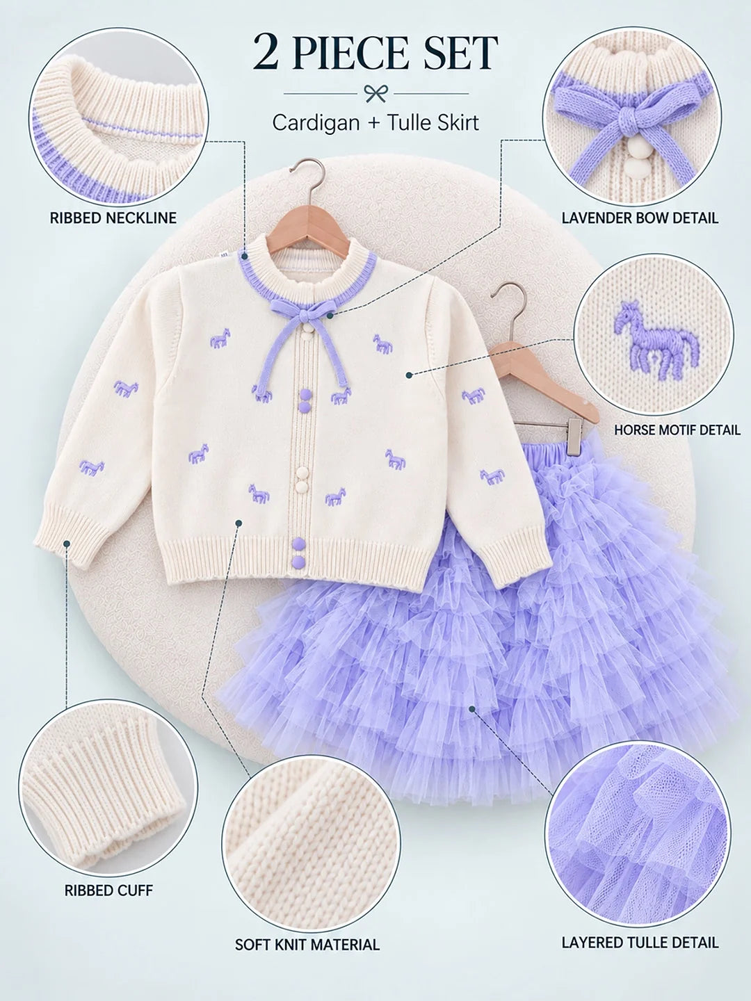 Ivory Horse Sweater & Purple Ruffle Skirt with Detachable Bow Clip Set