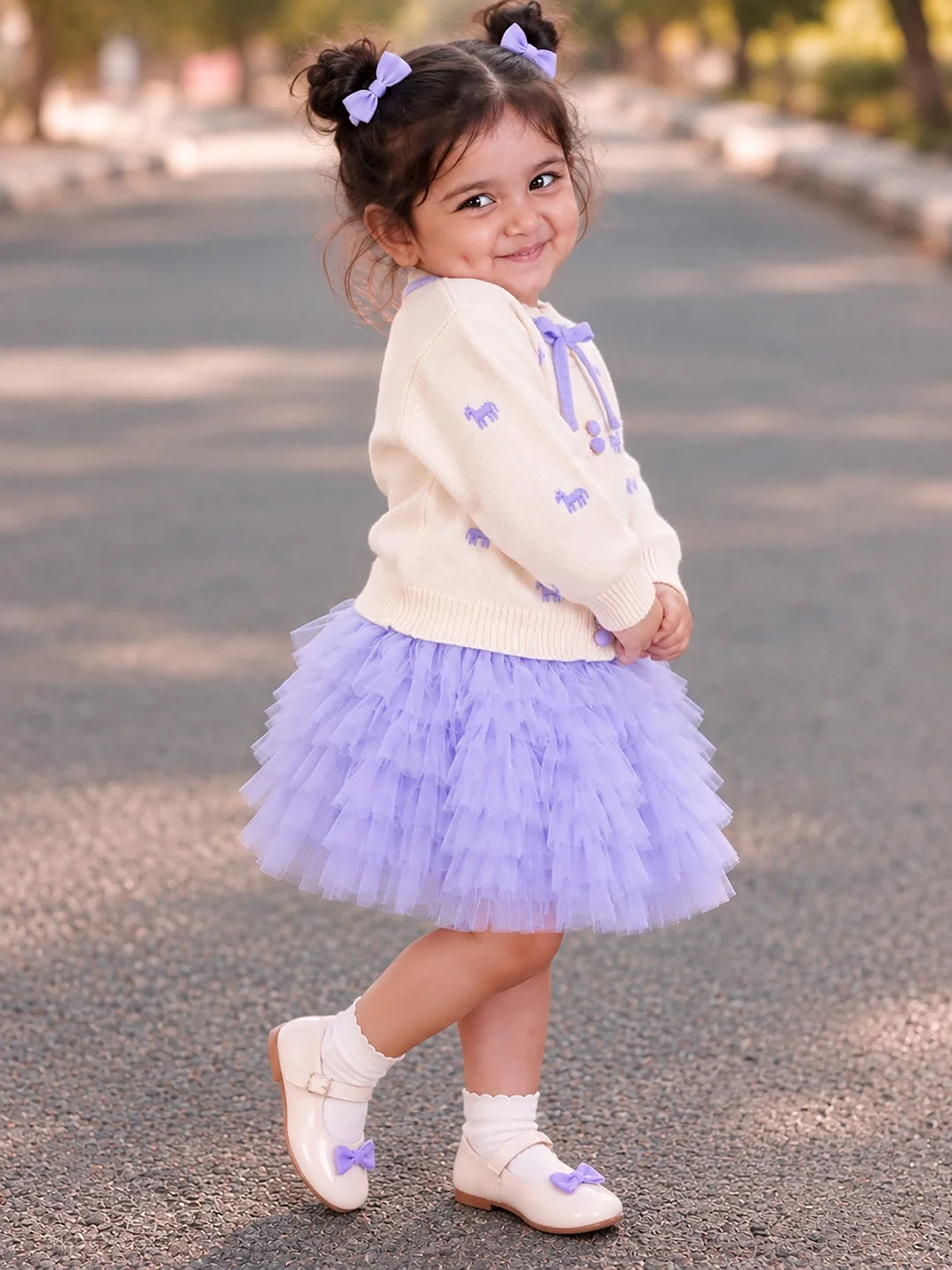 Ivory Horse Sweater & Purple Ruffle Skirt with Detachable Bow Clip Set