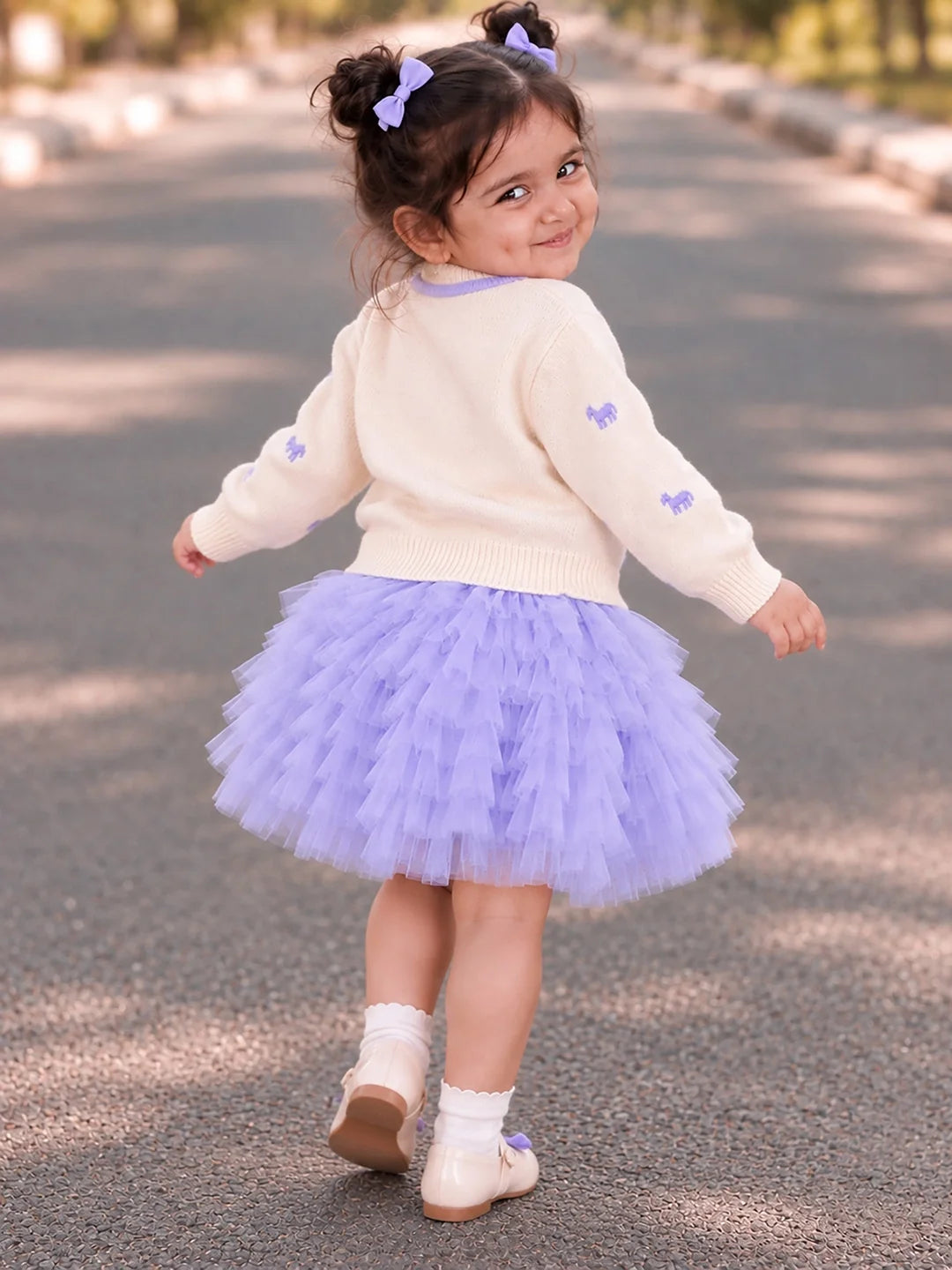 Ivory Horse Sweater & Purple Ruffle Skirt with Detachable Bow Clip Set