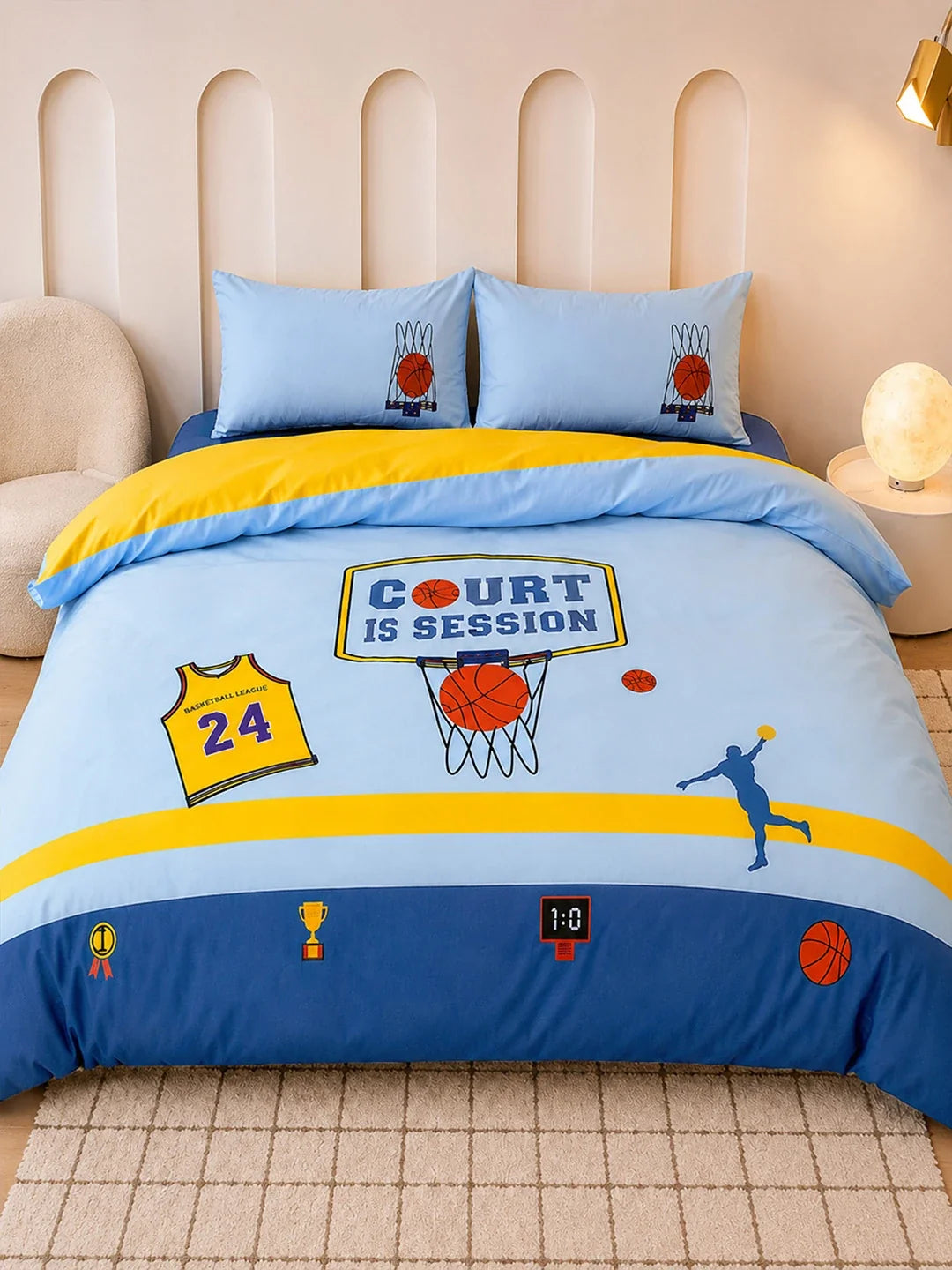 4 Pcs Basketball Theme Embroidered King Size Bedding Set