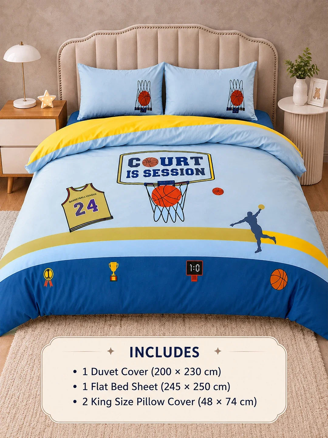 4 Pcs Basketball Theme Embroidered King Size Bedding Set
