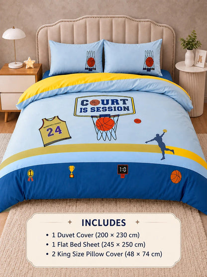 4 Pcs Basketball Theme Embroidered King Size Bedding Set