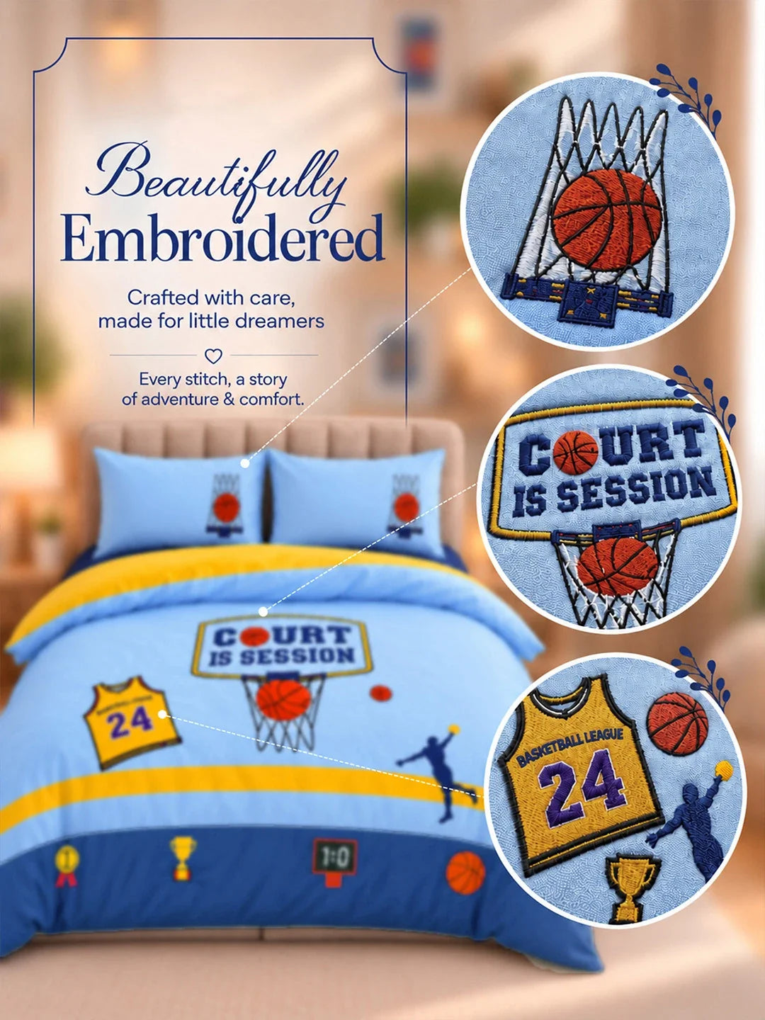 4 Pcs Basketball Theme Embroidered King Size Bedding Set