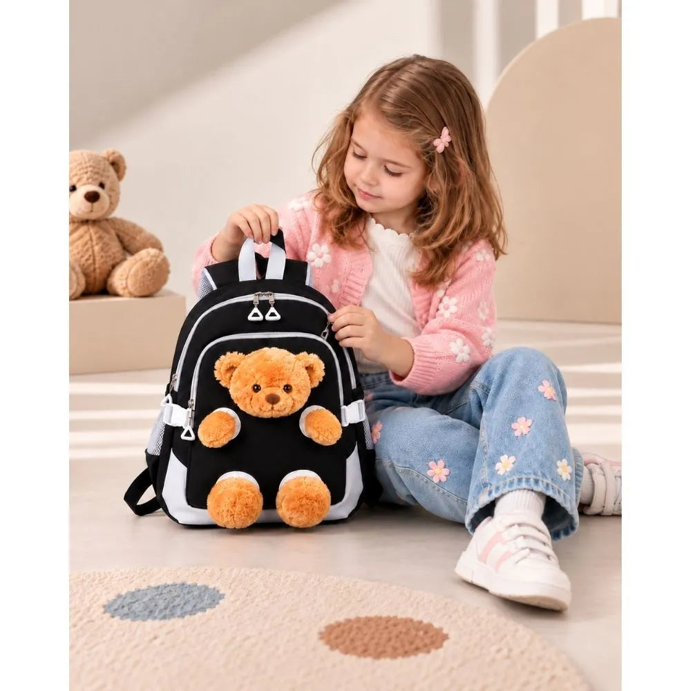 Black & Brown Teddy Toddler Backpack with Removable Soft Toy for Nursery & Playgroup