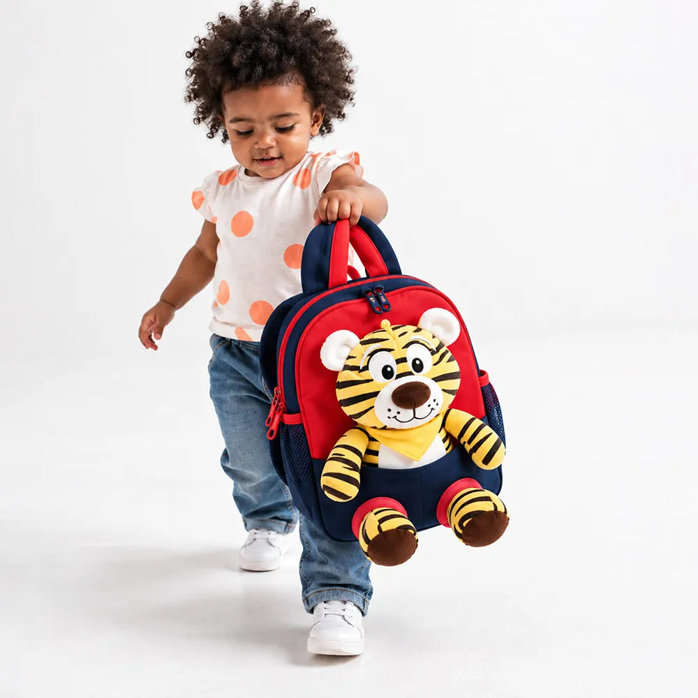 Black & Red Tiger Toddler Backpack with Removable Soft Toy for Nursery & Playgroup