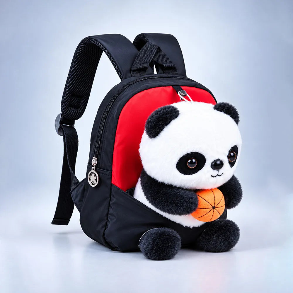 Black & Red Panda Toddler Backpack with Removable Soft Toy for Nursery & Playgroup