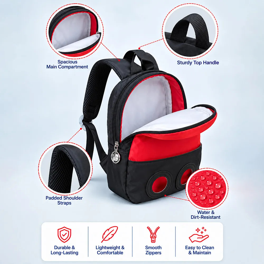 Black & Red Panda Toddler Backpack with Removable Soft Toy for Nursery & Playgroup