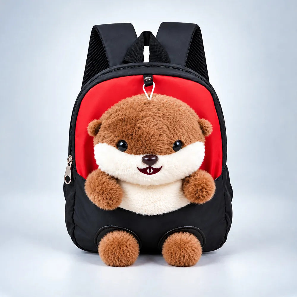 Red & Black Squirrel Toddler Backpack with Removable Soft Toy for Nursery & Playgroup