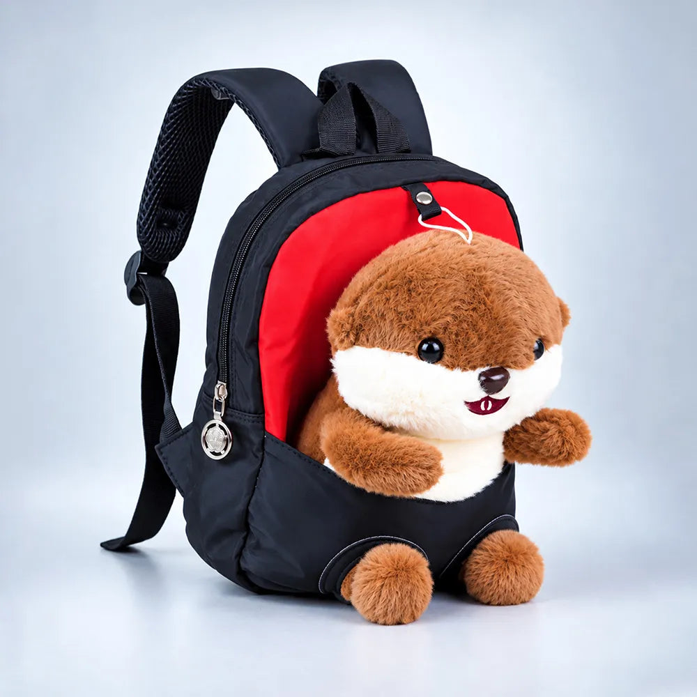 Red & Black Squirrel Toddler Backpack with Removable Soft Toy for Nursery & Playgroup