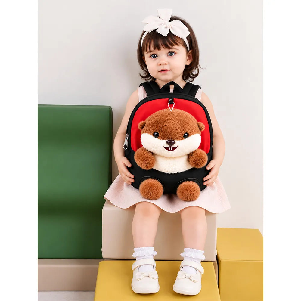 Red & Black Squirrel Toddler Backpack with Removable Soft Toy for Nursery & Playgroup