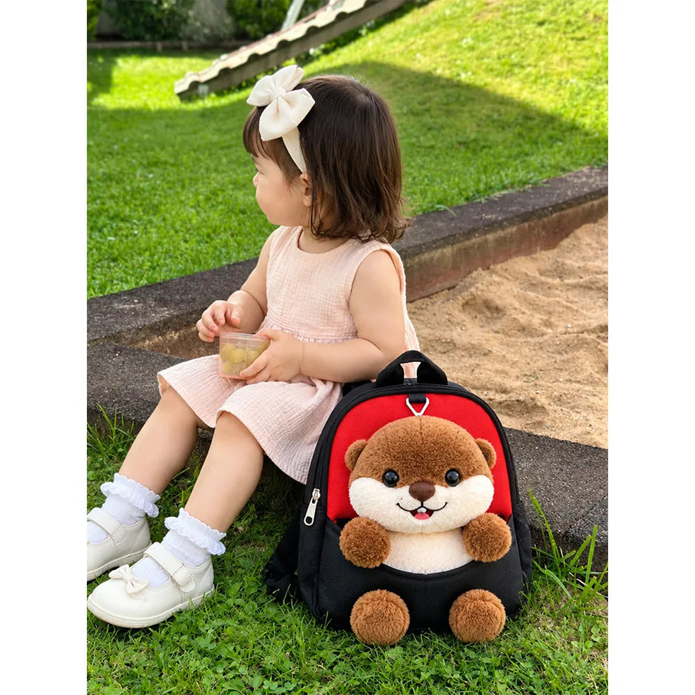 Red & Black Squirrel Toddler Backpack with Removable Soft Toy for Nursery & Playgroup