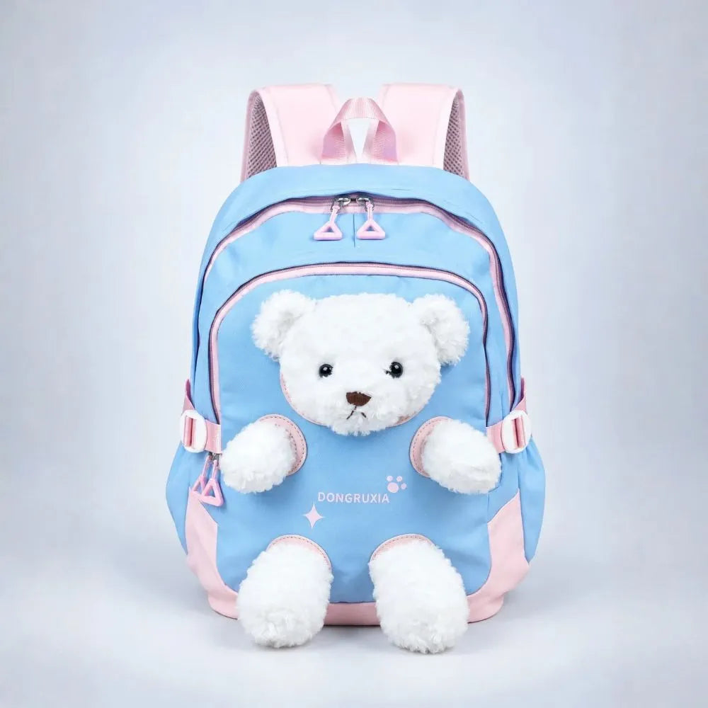 Blue & White Teddy Toddler Backpack with Removable Soft Toy for Nursery & Playgroup