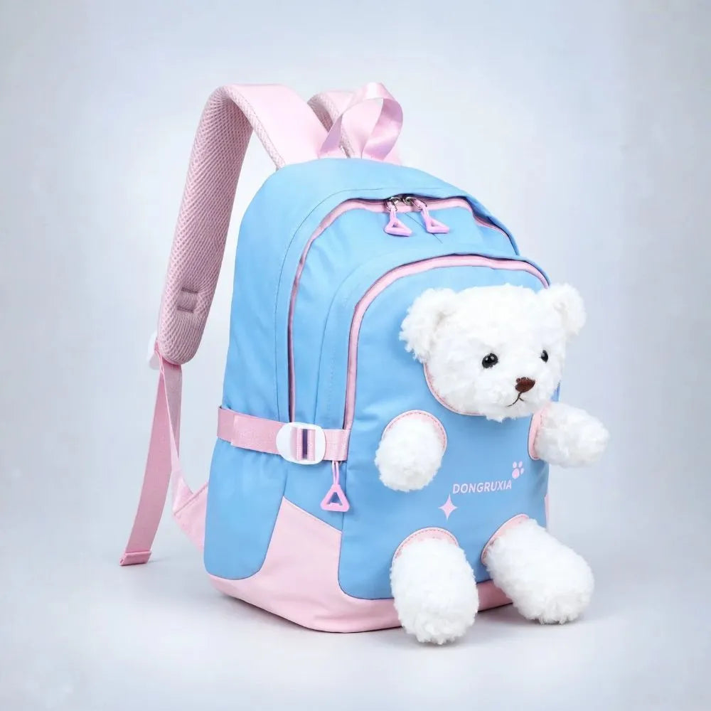 Blue & White Teddy Toddler Backpack with Removable Soft Toy for Nursery & Playgroup