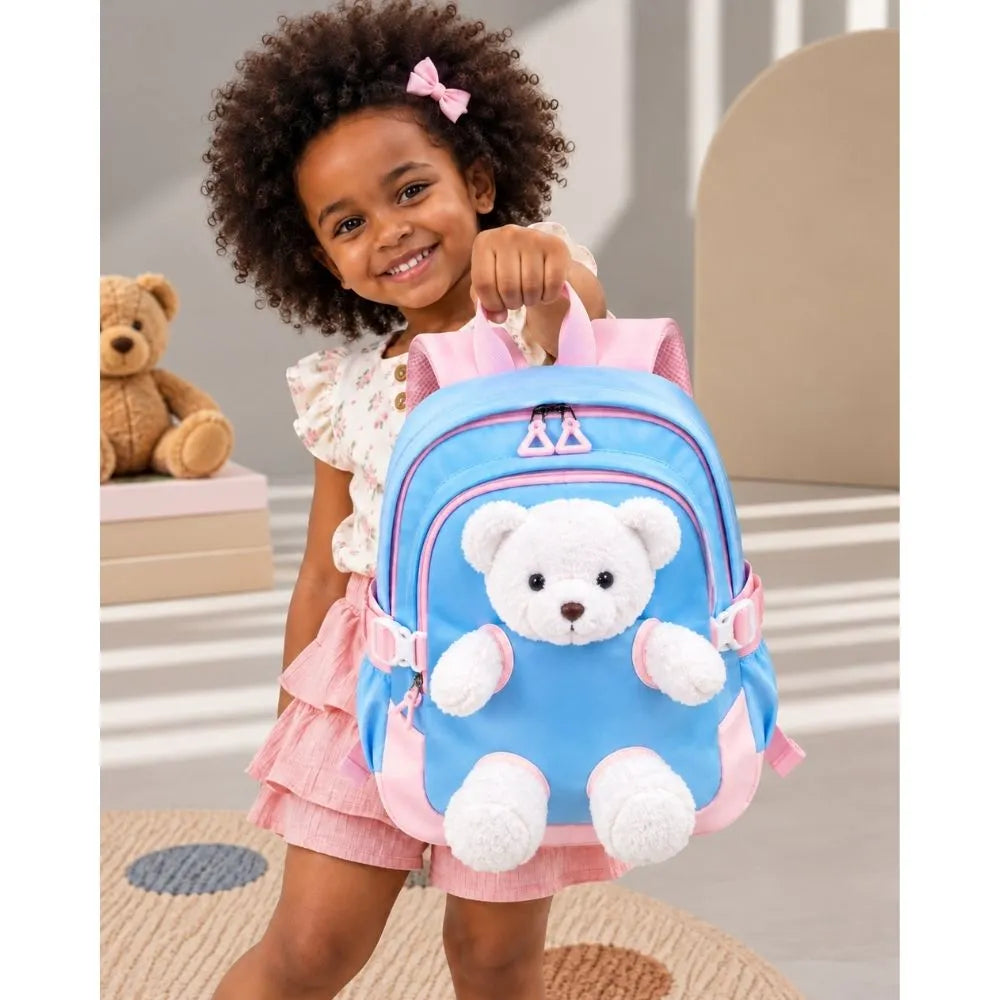 Blue & White Teddy Toddler Backpack with Removable Soft Toy for Nursery & Playgroup