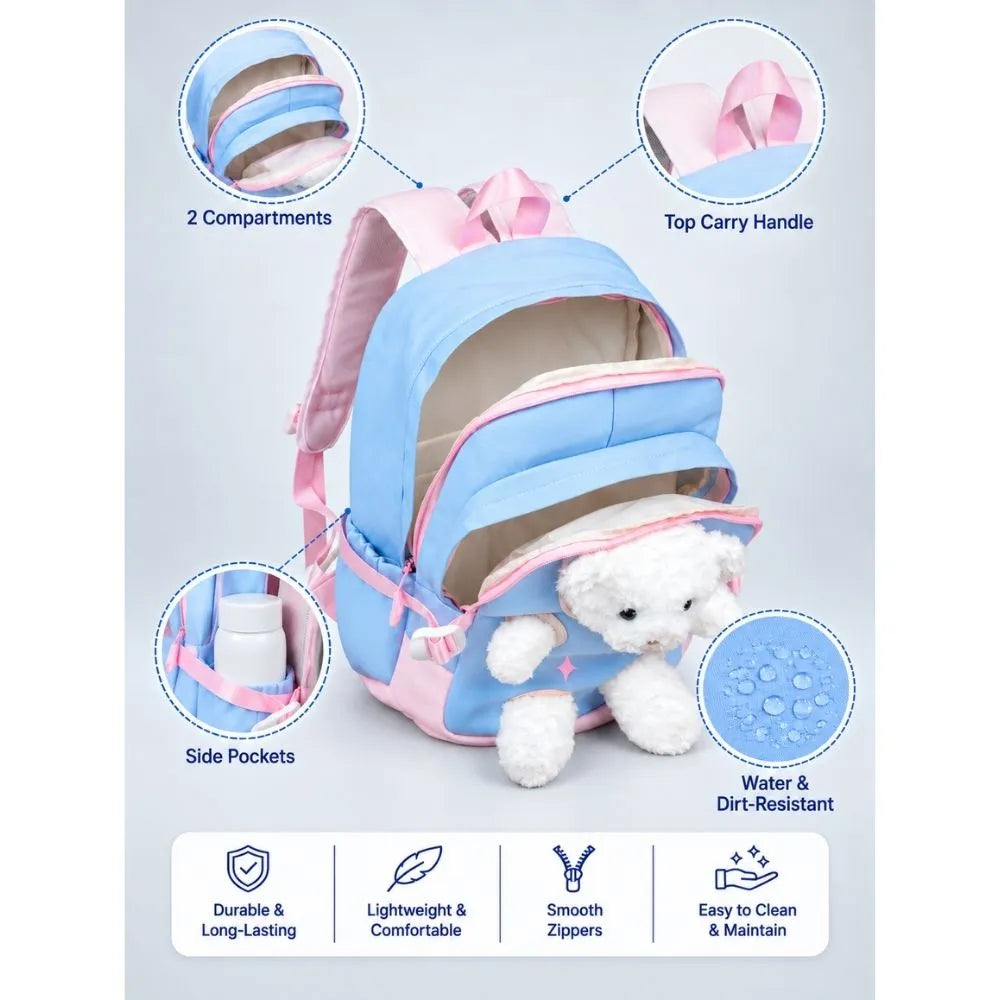 Blue & White Teddy Toddler Backpack with Removable Soft Toy for Nursery & Playgroup