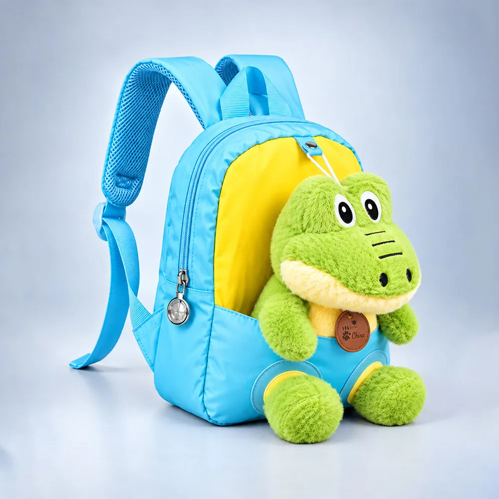 Blue & Yellow Crocodile Toddler Backpack with Removable Soft Toy for Nursery & Playgroup