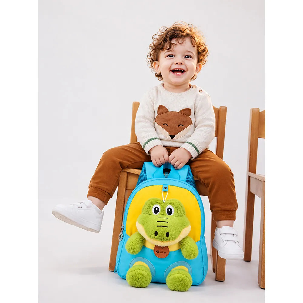Blue & Yellow Crocodile Toddler Backpack with Removable Soft Toy for Nursery & Playgroup