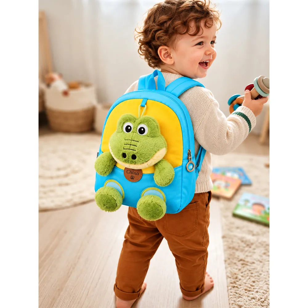 Blue & Yellow Crocodile Toddler Backpack with Removable Soft Toy for Nursery & Playgroup