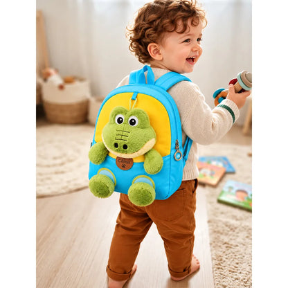 Blue & Yellow Crocodile Toddler Backpack with Removable Soft Toy for Nursery & Playgroup