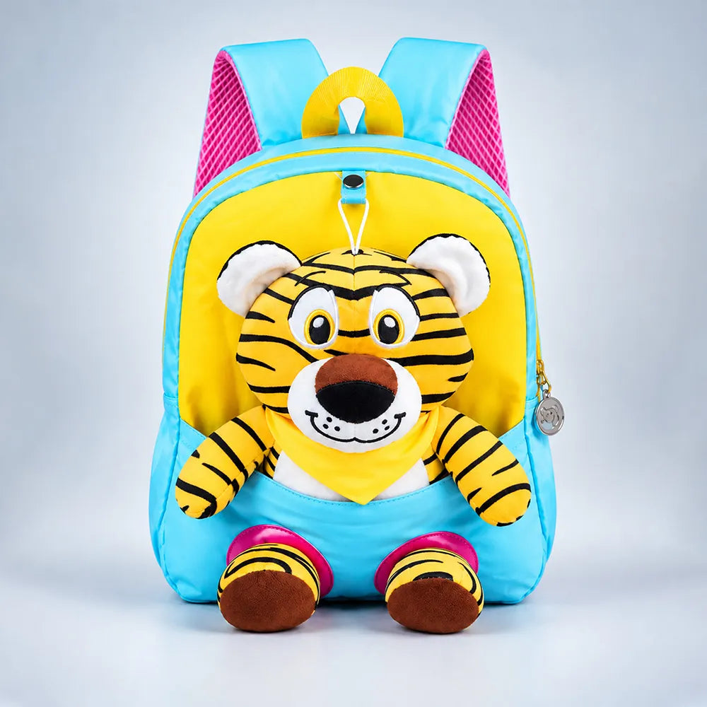 Blue & Yellow Tiger Toddler Backpack with Removable Soft Toy for Nursery & Playgroup